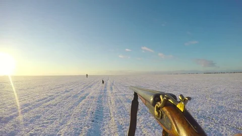 Hunter carries a gun in front of him in the winter field Stock Footage 83472419
