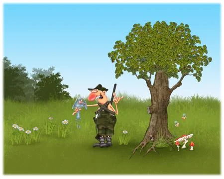 Hunter caught a rabbit by the ears in a forest glade. Fairytale book illustra Stock Illustration