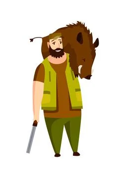 Hunter character with rifle and booty on his shoulders. Hunted wild boar. Man Stock Illustration