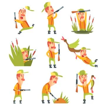 Hunter In Different Funny Situations Set Of Illustrations Stock Illustration