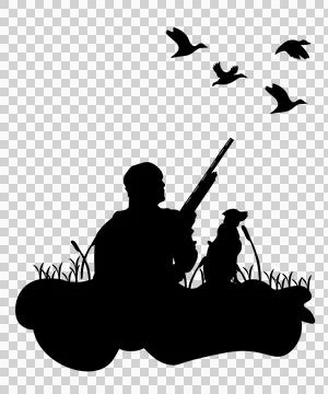 Hunter With Dog And Flying Ducks aiming grass silhouette Stock Illustration