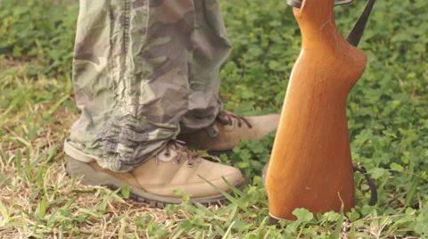 Hunter Drops Shell Puts Down Rifle Side Stock Footage 47158596