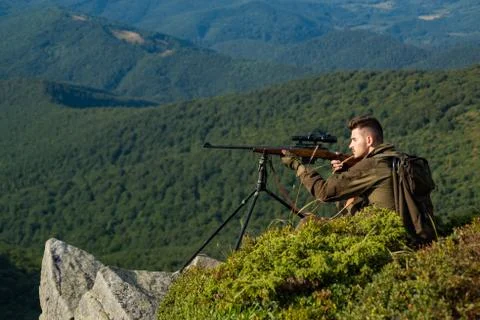 Hunter Education Course. Hunter Target with laser sight. Hunter with shotgun gun Stock Photos