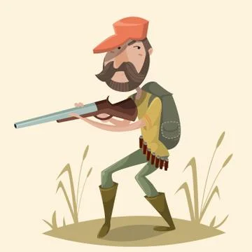Hunter with gun and backpack. Funny cartoon character Stock Illustration
