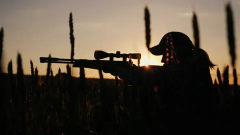 The hunter is hiding in thickets, aiming from a rifle with an optical sight Stock Footage 187090542