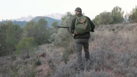 Hunter holding a shotgun while walking with his dog in search of prey. Video stock 237110603
