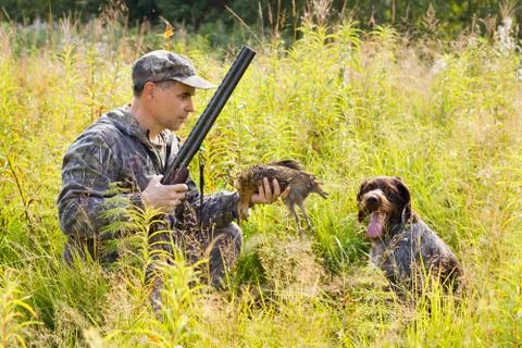 The hunter holds in his hand a downed grouse which was brought by his dog Stock Photos