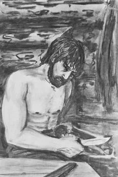 Hunter with a knife in the hut 스톡 일러스트