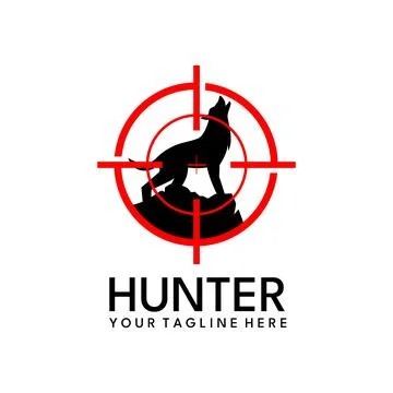 Hunter logo design vector. Wolf aiming shotgun for hunting team Stock Illustration