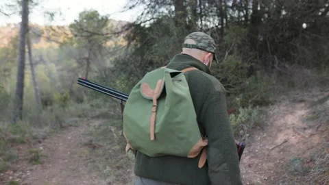 Hunter man with a gun walking through nature with his dog while hunting. Video stock 237112601