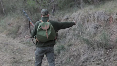 Hunter man pointing and giving instructions to his dogs while hunting in the Video stock 237111727
