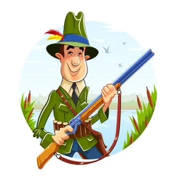 Hunter man with rifle on river background Stock Illustration