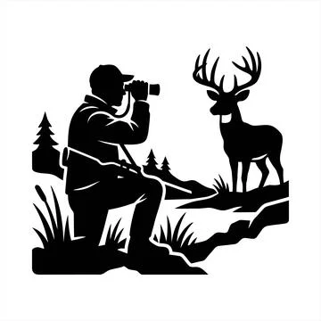Hunter Observing a Large Deer in the Forest Silhouette Graphic Illustration Ilustração Stock