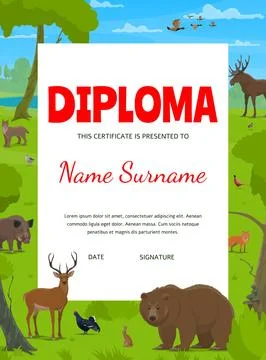 Hunter or conservationist diploma, forest animals 스톡 일러스트