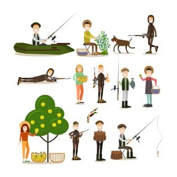 Hunter people vector flat icon set Stock Illustration