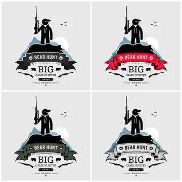 Hunter posing with a dead bear logo design. Vector artwork of big game hunter Stock Illustration