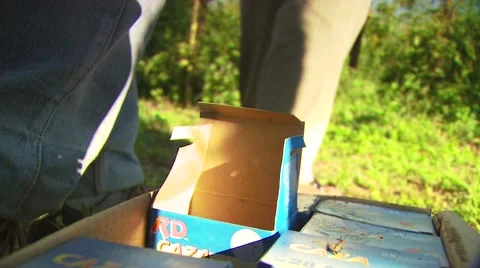 Hunter removing shotgun shells from box Stock Footage 54591659