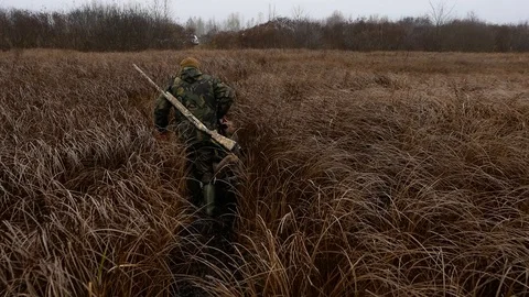 Hunter returns with killed ducks to his car Video stock 100630459