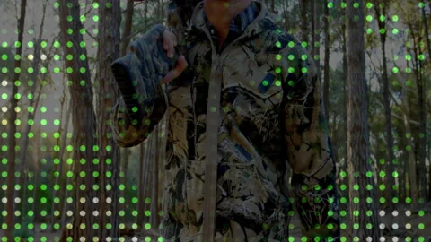 Hunter scanning dense pine forest, overlaying digital sensor grid mapping trees Video stock 308186205