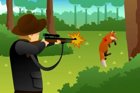 Hunter Shooting a Fox Illustration Stock Illustration