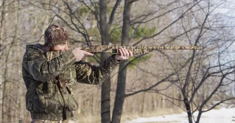 Hunter shotgun recoil and shell eject bottom slow motion 4k Stock Footage 73786871