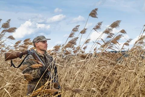 The hunter is standing in a thicket of reeds Stock Photos