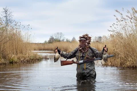 A hunter stands in the water with two dead ducks in his hands Stock Photos