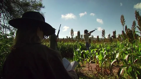 Hunter taking aim and shooting while dove hunting Stock Footage 54591828