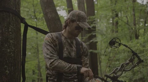 Hunter in a tree stand drawing bow Stock-Footage 53644218