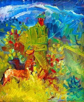 Hunter with two dogs by Arnold Peter Weisz Kubncan Stock Illustration