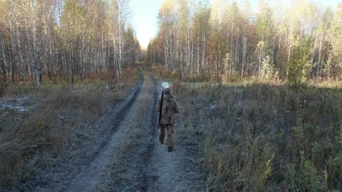 The hunter is walking along the road in the forest Stock Footage 220169733