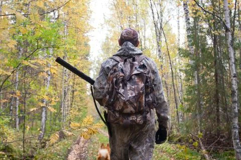 Hunter walking in the forest Stock Photos