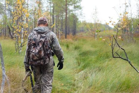 Hunter walking on the swamp Stock Photos