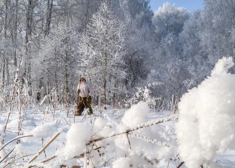Hunter walking in the winter forest in Siberia, Russia Stock Photos