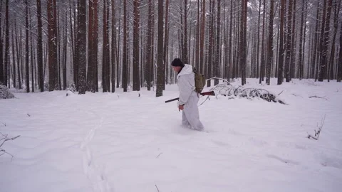 Hunter walks through the forest and points dog to the trail of a wild animal. Stock Footage 150866023