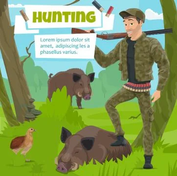Hunter with wild animals trophy in forest Stock Illustration