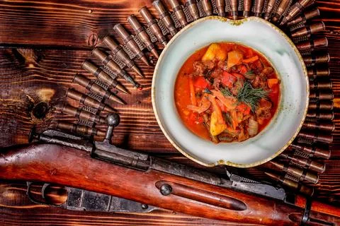"The Hunter's Stew" (Overhead, Rustic) Stock Photos
