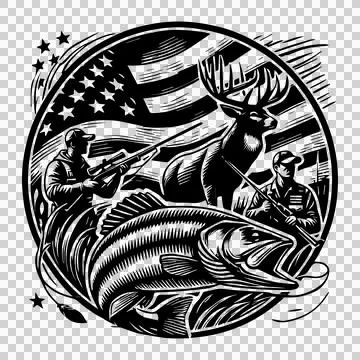 Hunting American Flag Featuring Theme Emblems scene deer Stock Illustration
