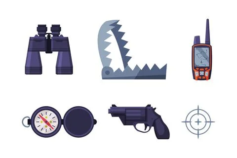 Hunting with Compass, Binoculars, Pistol, Shooting Aim, Trap and Radio Vector Illustrazione stock