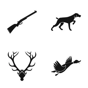 Hunting elements set featuring shotgun, dog, deer antlers, and flying duck 库存插图