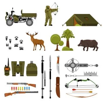 Hunting elements set. Flat vector kit Illustrazione stock