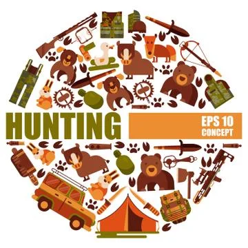 Hunting equipment round patterns vector illustration. Hunter accessories such as 库存插图