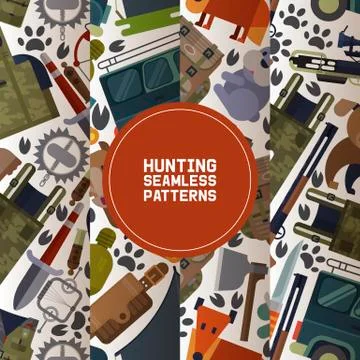 Hunting equipment set of seamless patterns vector illustration. Hunter Stock Illustration