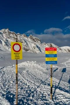 Hunting exclusion area beyond this signs in the Swiss Alps. Stock Photos
