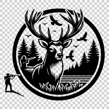 Hunting Hunter With Stag In Forest standing trees birds Stock Illustration