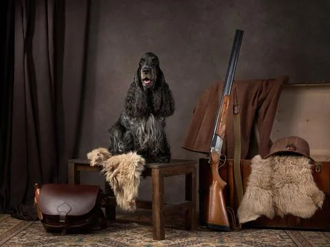 Hunting-inspired decor with spaniel Stock Photos
