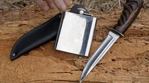 Hunting knife and metal flask on log. Stock Footage 119762553