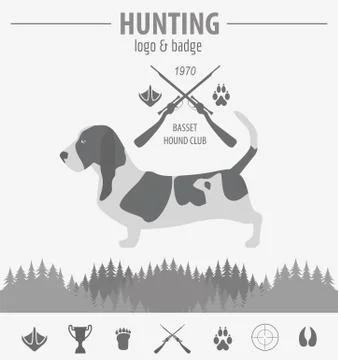 Hunting logo and badge template. Dog hunting, equipment.  Flat design. Vector Stock Illustration