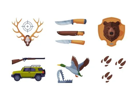 Hunting with Off Road Car, Bear Head, Knife, Antler, Rifle, Duck and Trace 스톡 일러스트