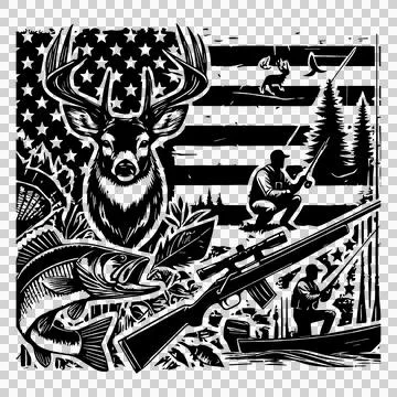 Hunting Scene Art Composition deer fish flag person Stock Illustration